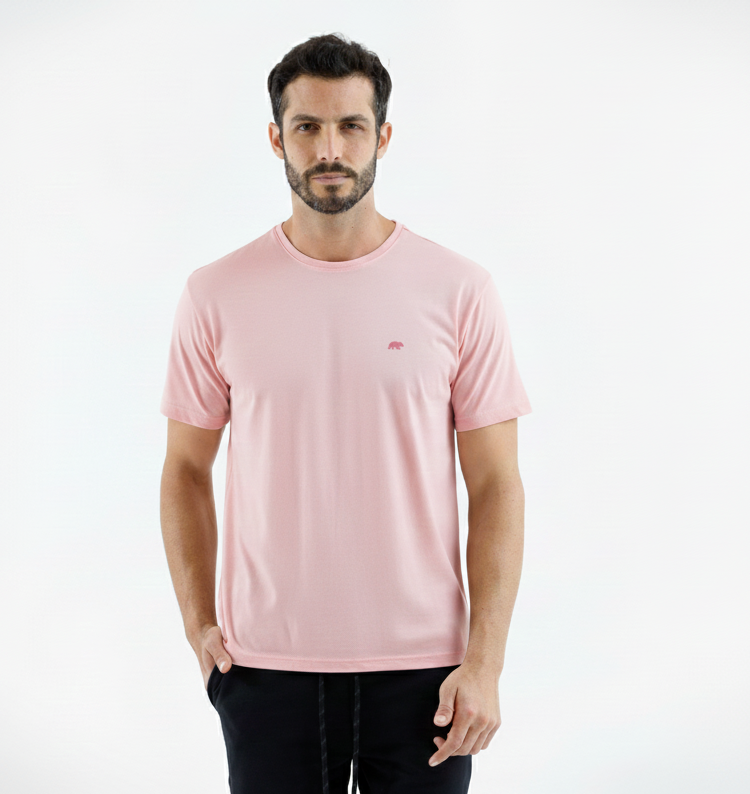 Camiseta Masculina Manga Curta Algodão Pima com Bordado Urso Rosa